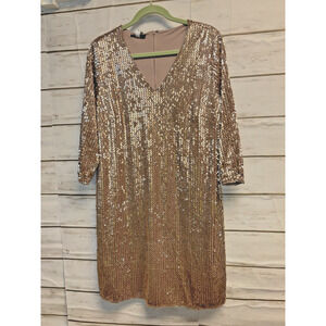 NEW Alfani Womens Allover Sequined Dress Lined Beige Size 12 3/4 Sleeve Back Zip